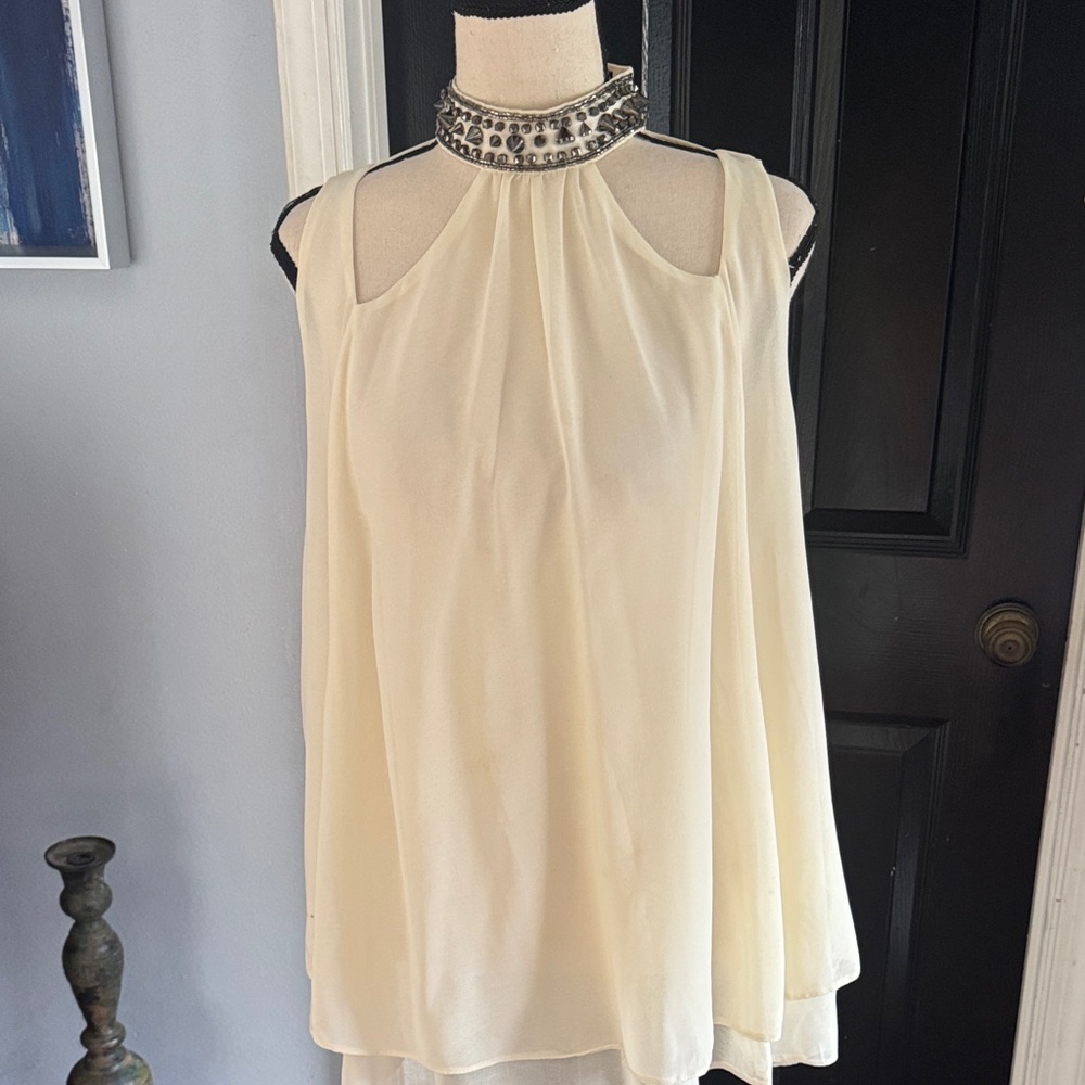 VENUS Cream Sleeveless Top with Beaded Neckline